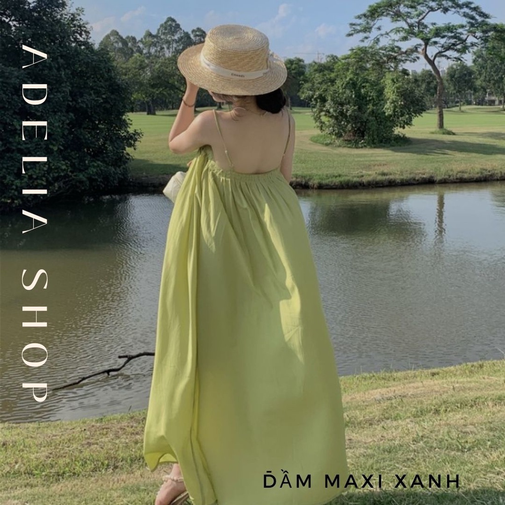 𝑴𝒐𝒏𝒂 𝑫𝒓𝒆𝒔𝒔 | Đầm 2 Dây Maxi Dáng Dài Trơn Màu Xanh Lá Đính Hoa 2 Lớp Cực Mát Phong Cách Tiểu Thư Adelia.Shop