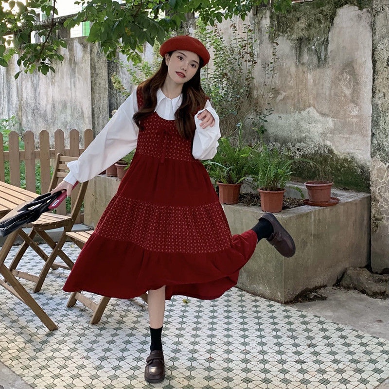 Áo đầm hai mảnh thời trang phong cách Hàn Quốc cổ điển miền tây màu đỏ Giáng sinh dành cho nữ