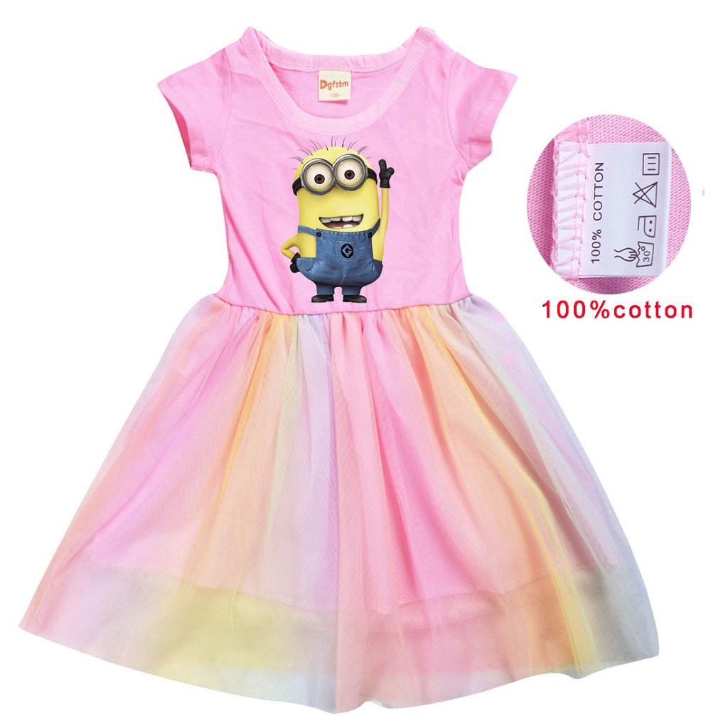 Đầm Cotton Ngắn Tay Họa Tiết Minion Hoạt Hình Màu Cầu Vồng Xinh Xắn Cho Bé Gái 2-10 Tuổi