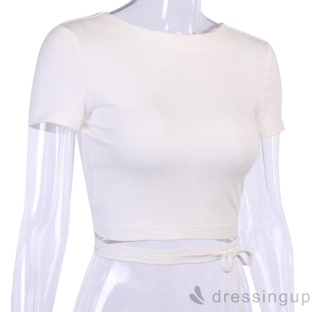 DRESSINGUP-Women´s round neck short-sleeved short back hollow bandage top