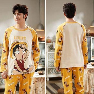 Bộ Đồ Ngủ Tay Dài Chất Liệu Cotton In Họa Tiết Hoạt Hình Dễ Thương Thời Trang Cho Nam