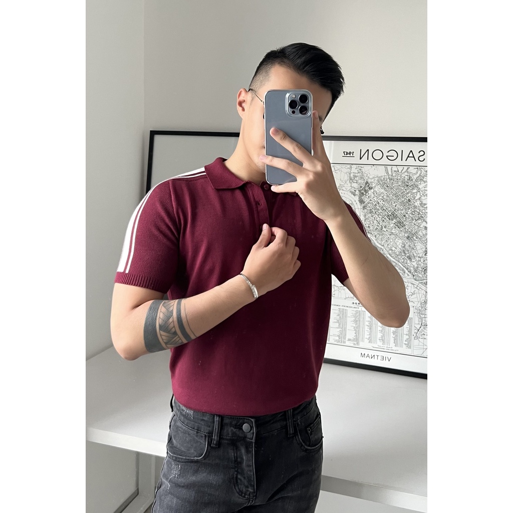 A/G Polo Dệt Kim Màu Beige Kết Hợp Sọc Trắng Hai Bên Vai Tinh Tế Thời Trang Thanh Lịch