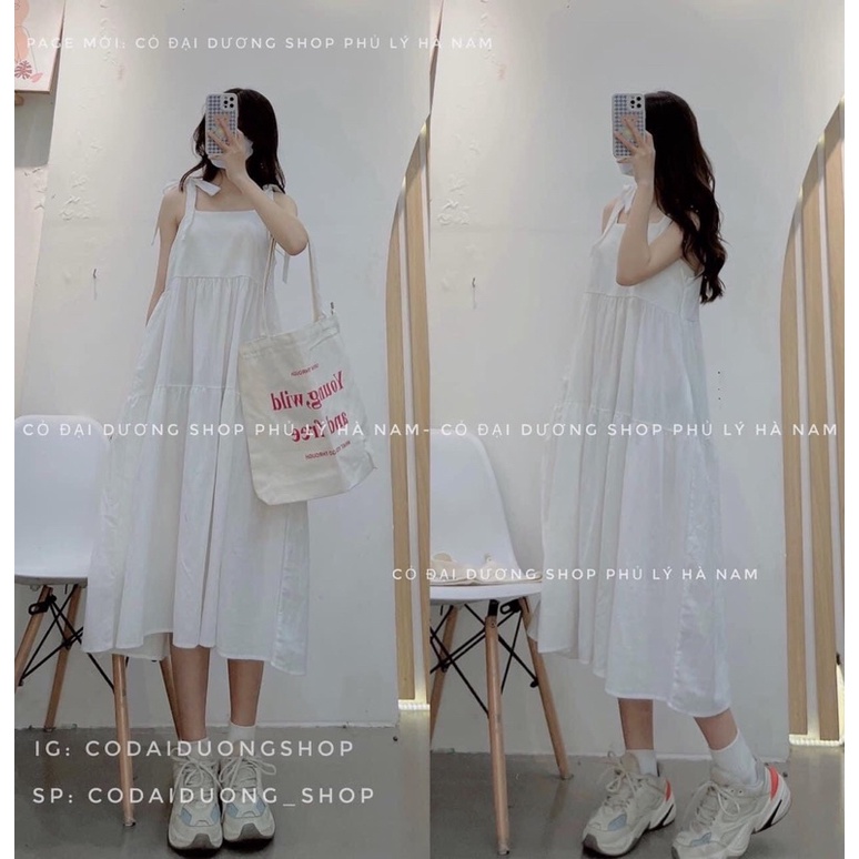 Đầm Nữ 2 Dây Bản To Buộc Nơ 3 Tầng 🦋 Váy Nữ Babydoll Trơn Dáng Dài 2 Màu 🦋