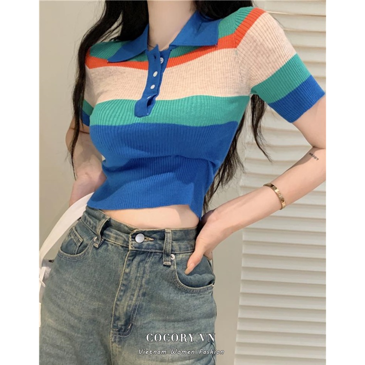 Cocory vn Áo Croptop Dệt Kim Tay Ngắn Cổ Polo Họa Tiết Kẻ Sọc Thời Trang Quyến Rũ Cho Nữ