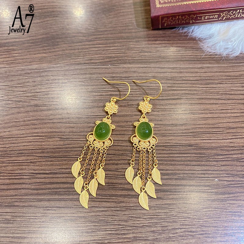 Bông Tai Bạc A7 S925 Dáng Dài Tua Rua Đính Đá Quý Sang Trọng