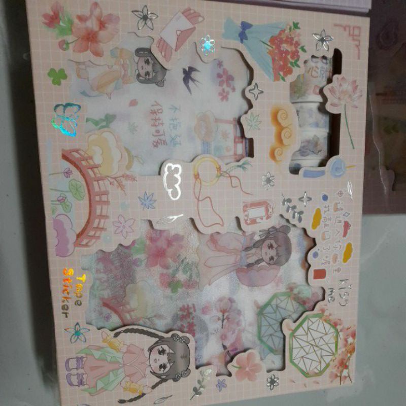 Hộp 5 cuộn washi kèm 12 sticker nhũ cắt sẵn