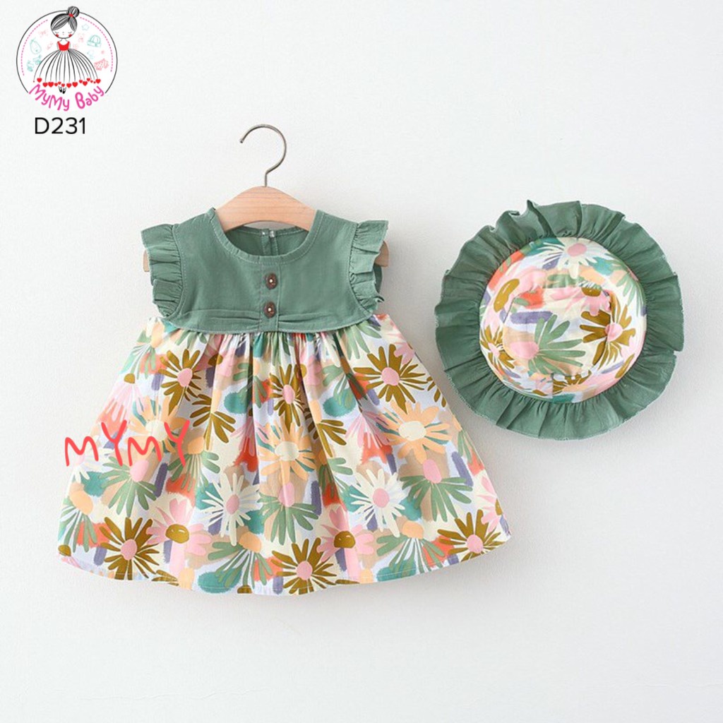 Đầm hoa xanh rêu kèm nón