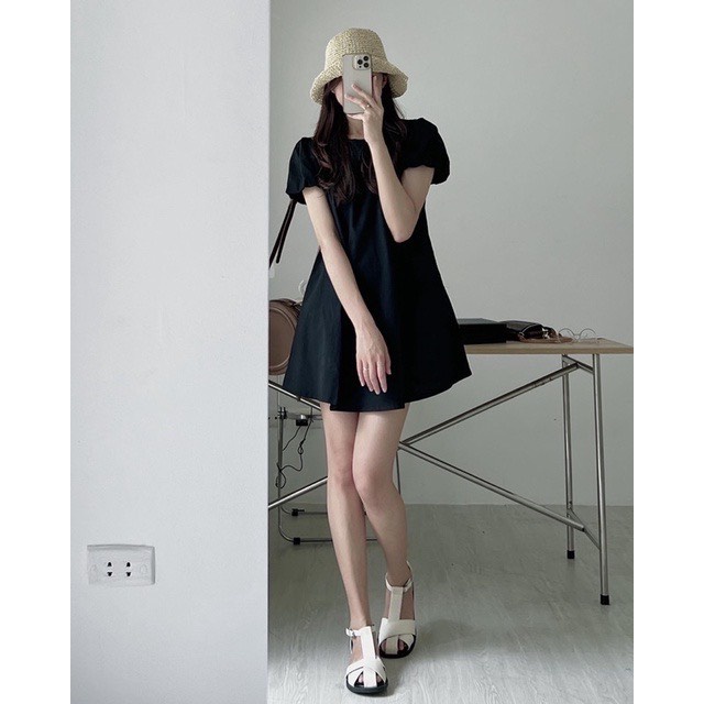 VÁY THÔ ĐŨI BABYDOLL TAY BỒNG doubleh.clo - Váy thô đũi linen dáng suông babydoll tay bồng kèm túi chéo hông ulzzang