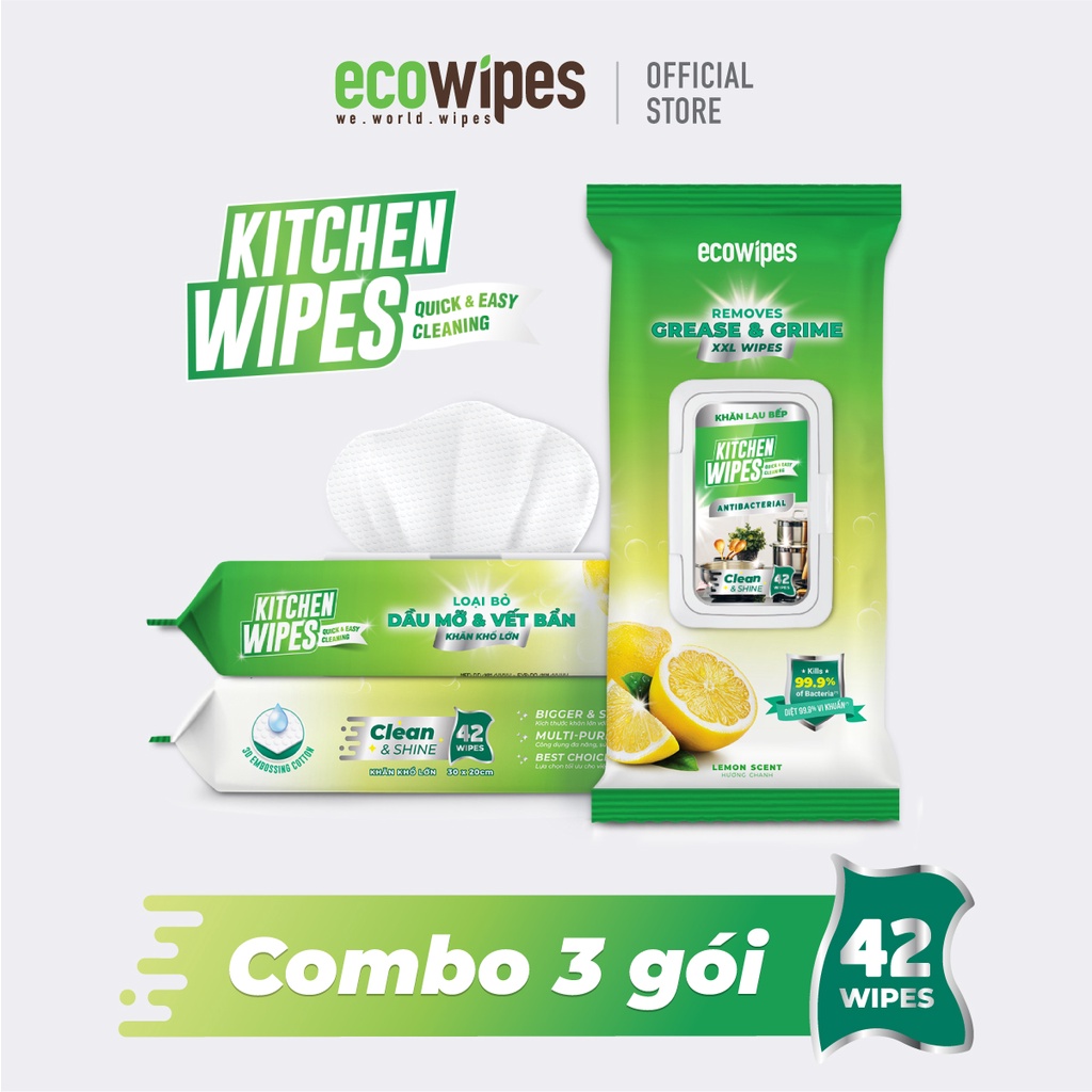 Combo 03 gói KHĂN ƯỚT LAU BẾP EcoWipes 42 tờ/gói - Loại bỏ dầu mỡ và vết bẩn