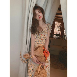 (Sẵn S ) Váy hoa nhí sơn dầu dáng dài cổ vuông style Vintage (NEW ARRIVALS 2020)