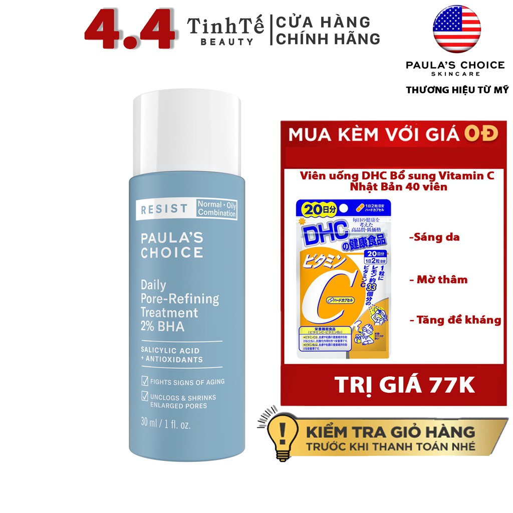 [Mã FMCGMALL -8% đơn 250K] BHA thu nhỏ lỗ chân lông Paula's Choice RESIST Daily Pore-Refining Treatment 2% BHA 30ml