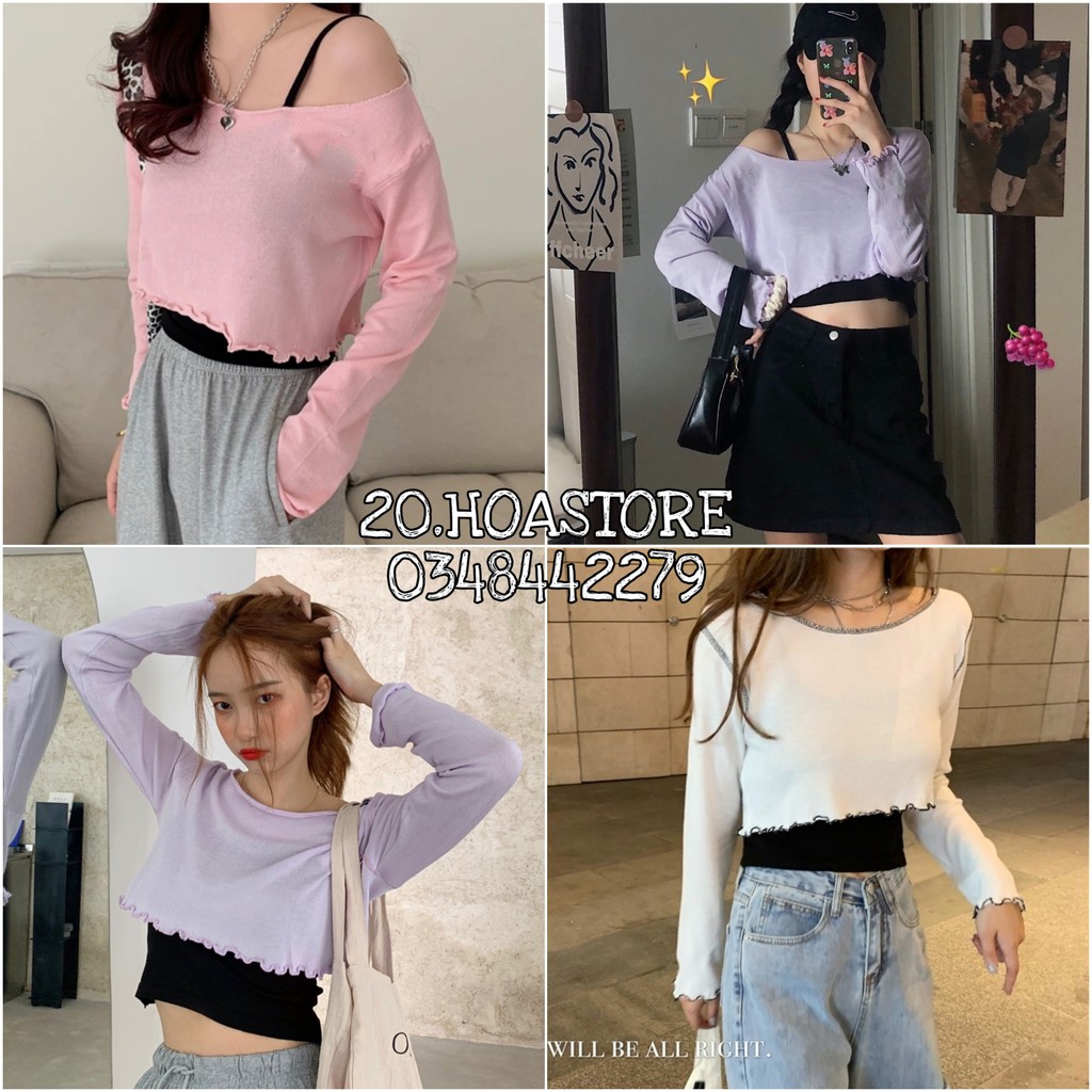 (QC L1) SET ÁO CROPTOP LEN GIẤY DÀI TAY CHỈ NỔI HỒNG TÍM TRẮNG + ÁO DÂY ĐEN ULZZANG - ÁO LEN GẠO LỆCH VAI BASIC