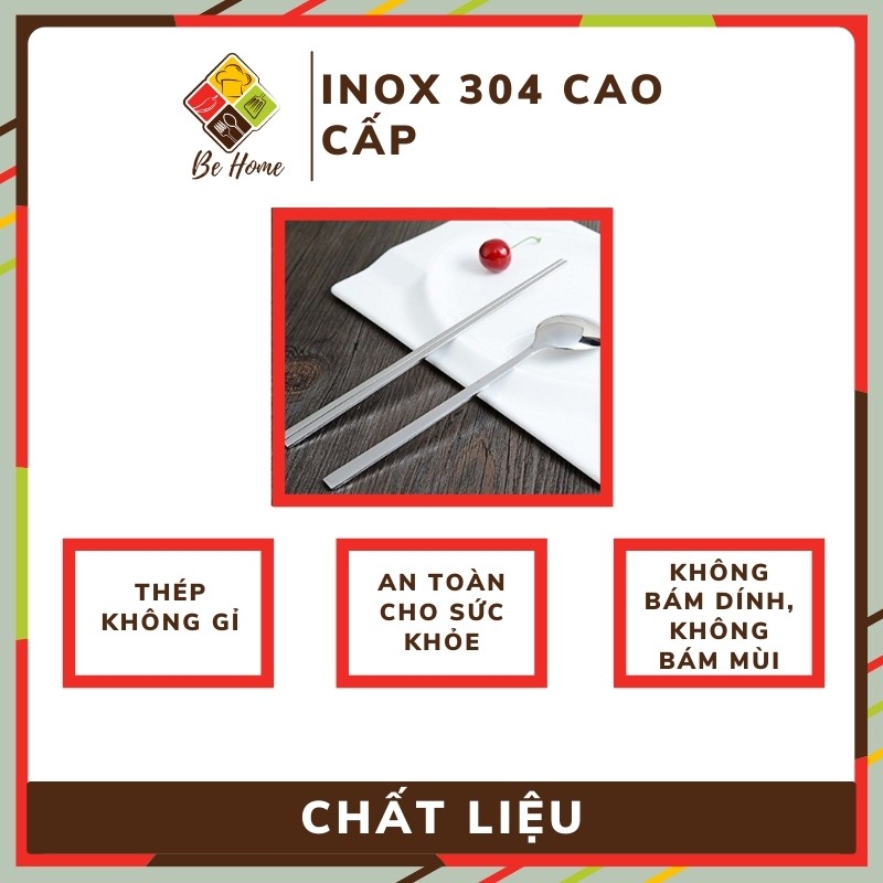 Bộ Đũa Thìa Inox BEHOME Đũa inox cán dài Thìa ăn cơm dẹt Hàn Quốc Sang Trọng - Chống trơn trượt [HÀNG CAO CẤP]