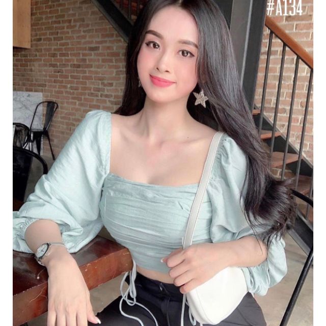 Áo croptop nhún dây tay phồng