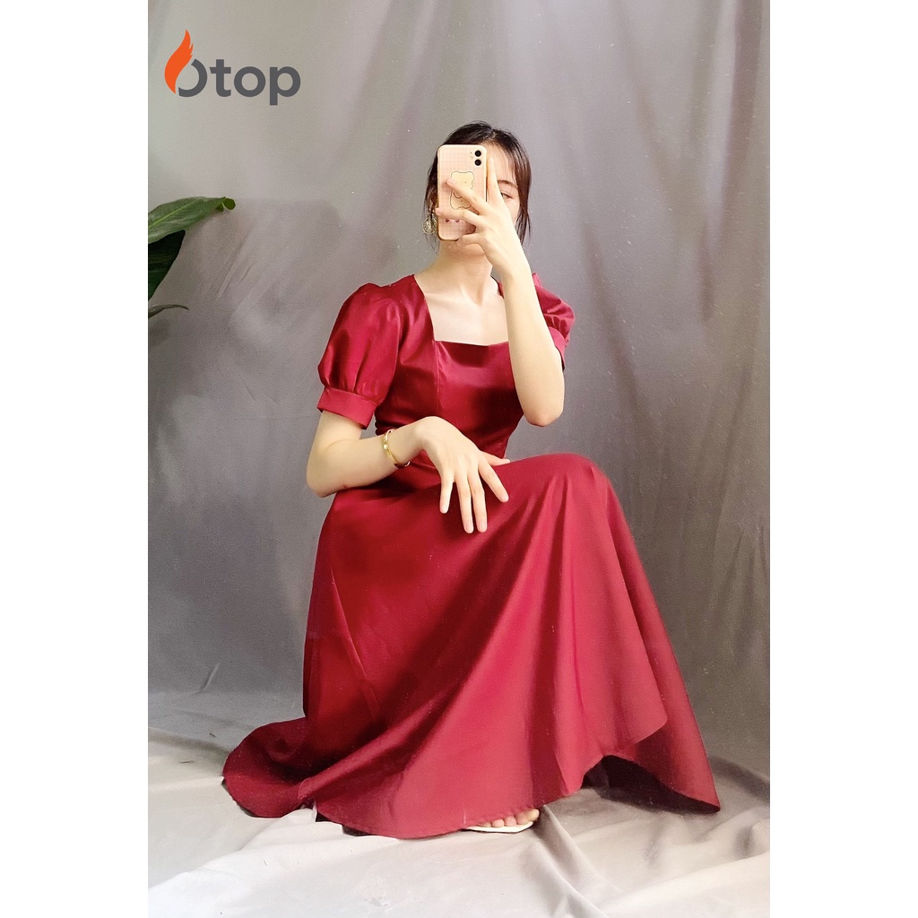 Váy voan lụa xòe cổ vuông thiết kế tay bồng OTOP mã Vaycovuongcoc125