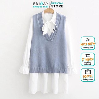 Set váy nhung phối kèm gile len phù hợp mùa thu phong cách Ulzzang Hàn Quốc Friday