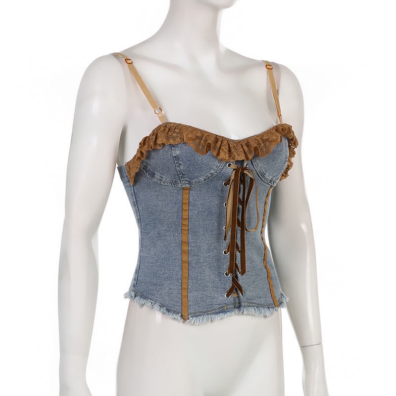 Áo Hai Dây Denim Viền Ren Phong Cách Retro Gợi Cảm Cho Nữ