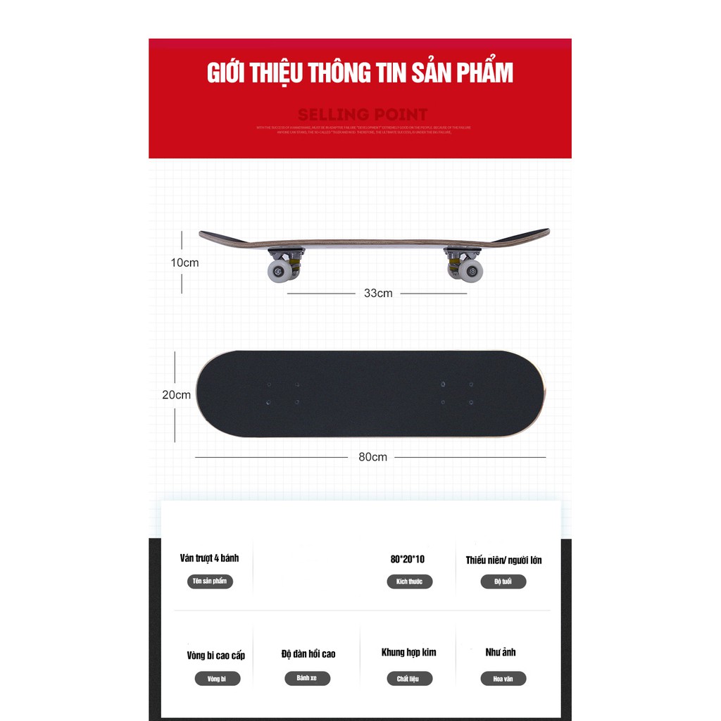 Ván Trượt Skateboard Thể Thao Mặt Nhám Đen, Gỗ Phong Ép 7 Lớp