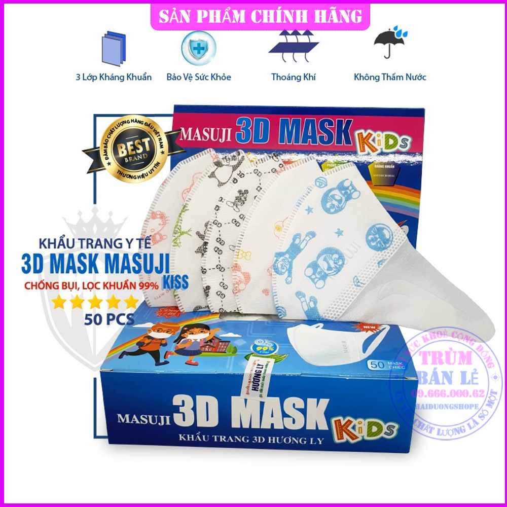 [Hộp 50Cái] Khẩu trang y tế trẻ em 3d Mask Kids 4 lớp Tuấn Huy Masuji Monji Xuân lai. Kháng khuẩn 4D 5D 6D KF94 cho bé.