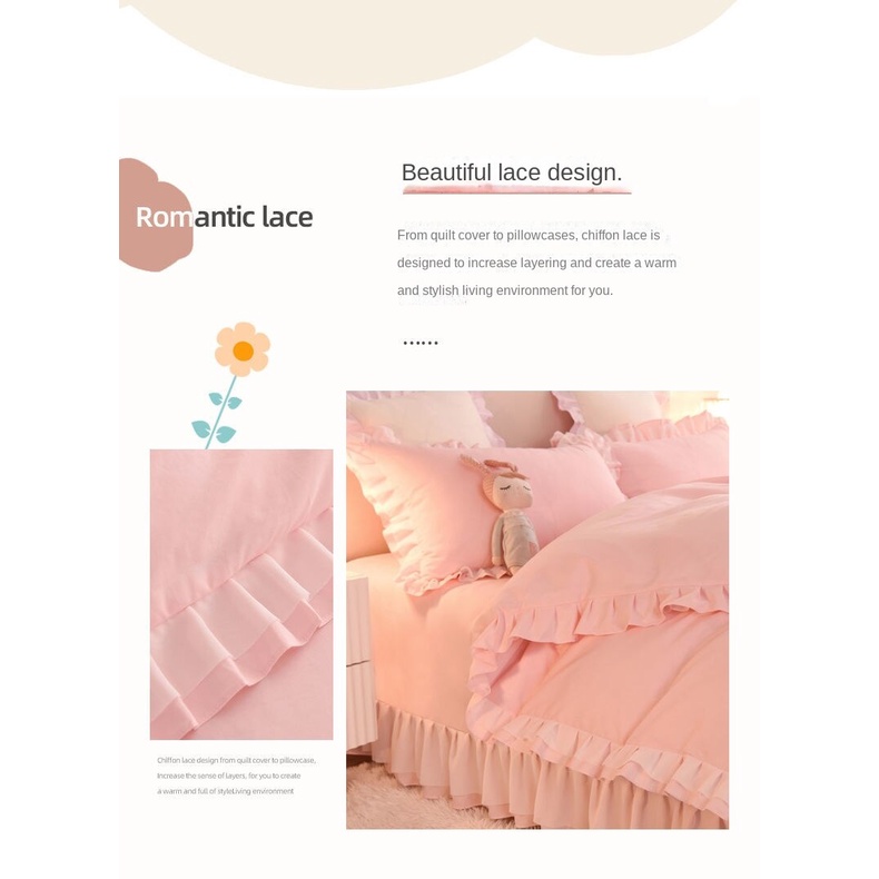 Korean Princess Style Washed Cotton Four-Piece Set Internet Hot Girlish Solid Color Floral Duvet Cover Bed Sheet Bed Skirt Bedding