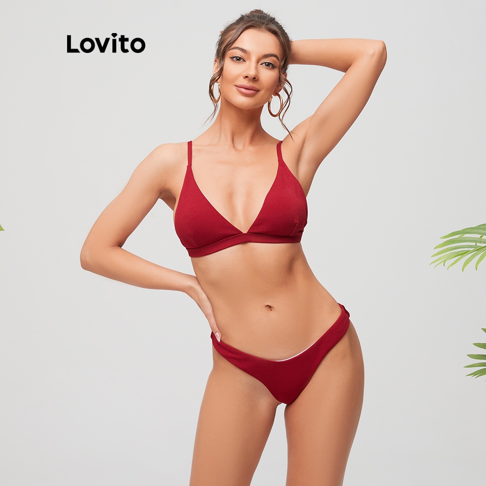 Bộ bikini Lovito hai dây ôm dáng màu đỏ gợi cảm L11026