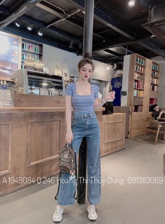 Áo thun nữ cộc tay cổ u kẻ xanh sale sốc