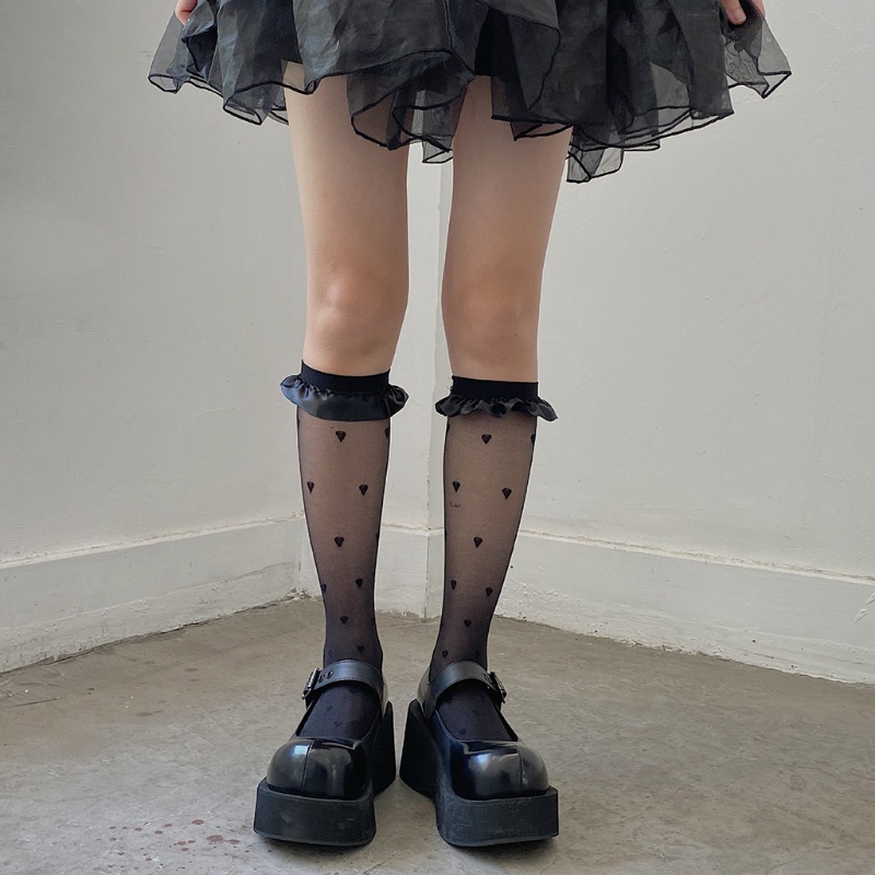 Đôi tất cổ cao vải sheer lụa satin viền nhún bèo họa tiết trái tim ngọt ngào phong cách lolita Nhật Bản cho bạn gái
