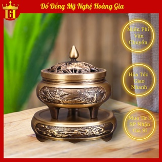 Lư Đốt Trầm Đồng Chạm Khắc Tinh Xảo Nắp Sen,Chim Công