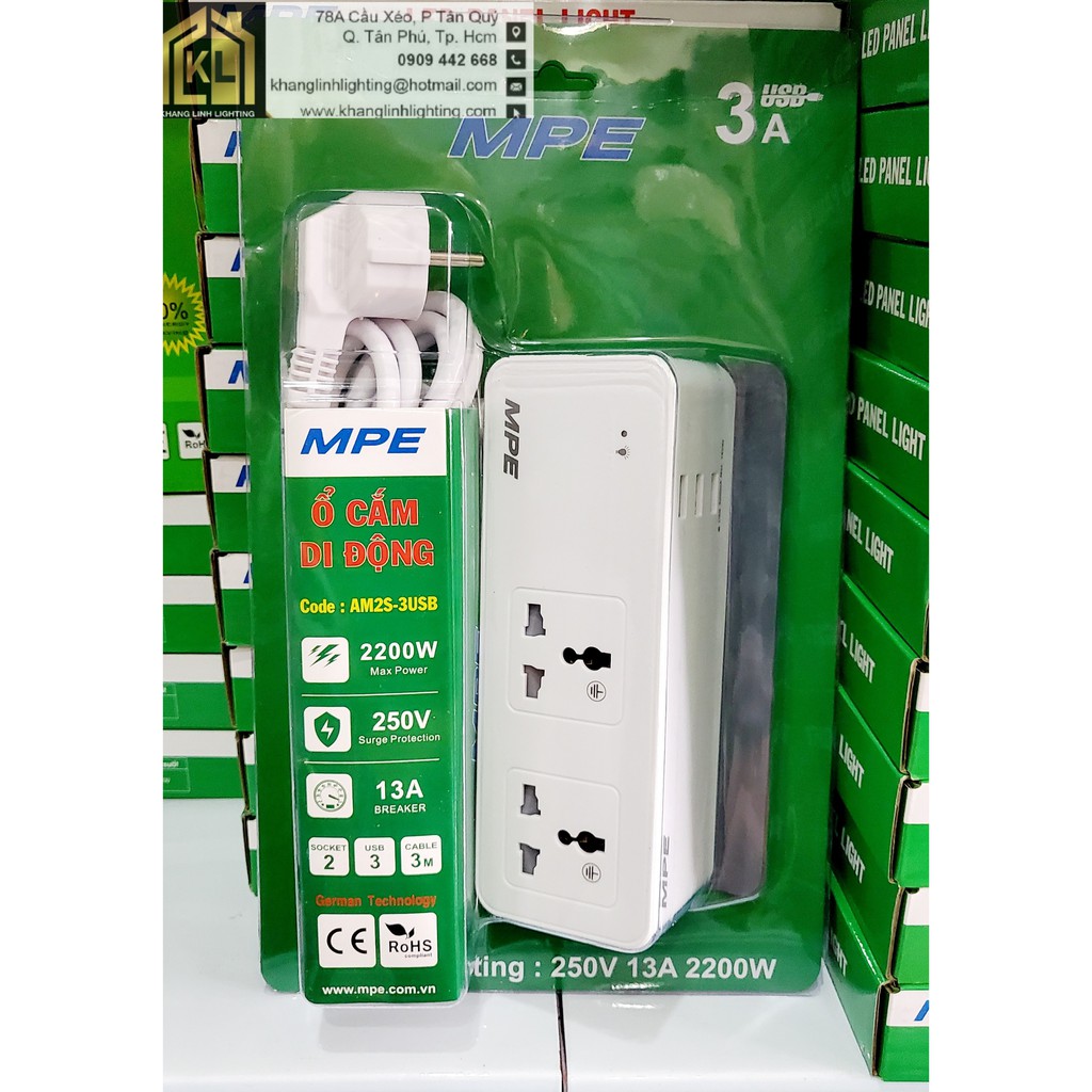 Ổ CẮM CÓ DÂY DI ĐỘNG 2 CHẤU + 3USB HÀNG CHÍNH HÃNG MPE