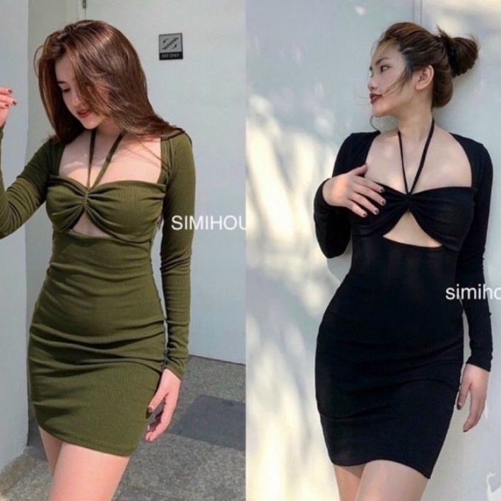 Đầm body mod ngực tay dài phối dây đeo cổ PC&amp;TV2