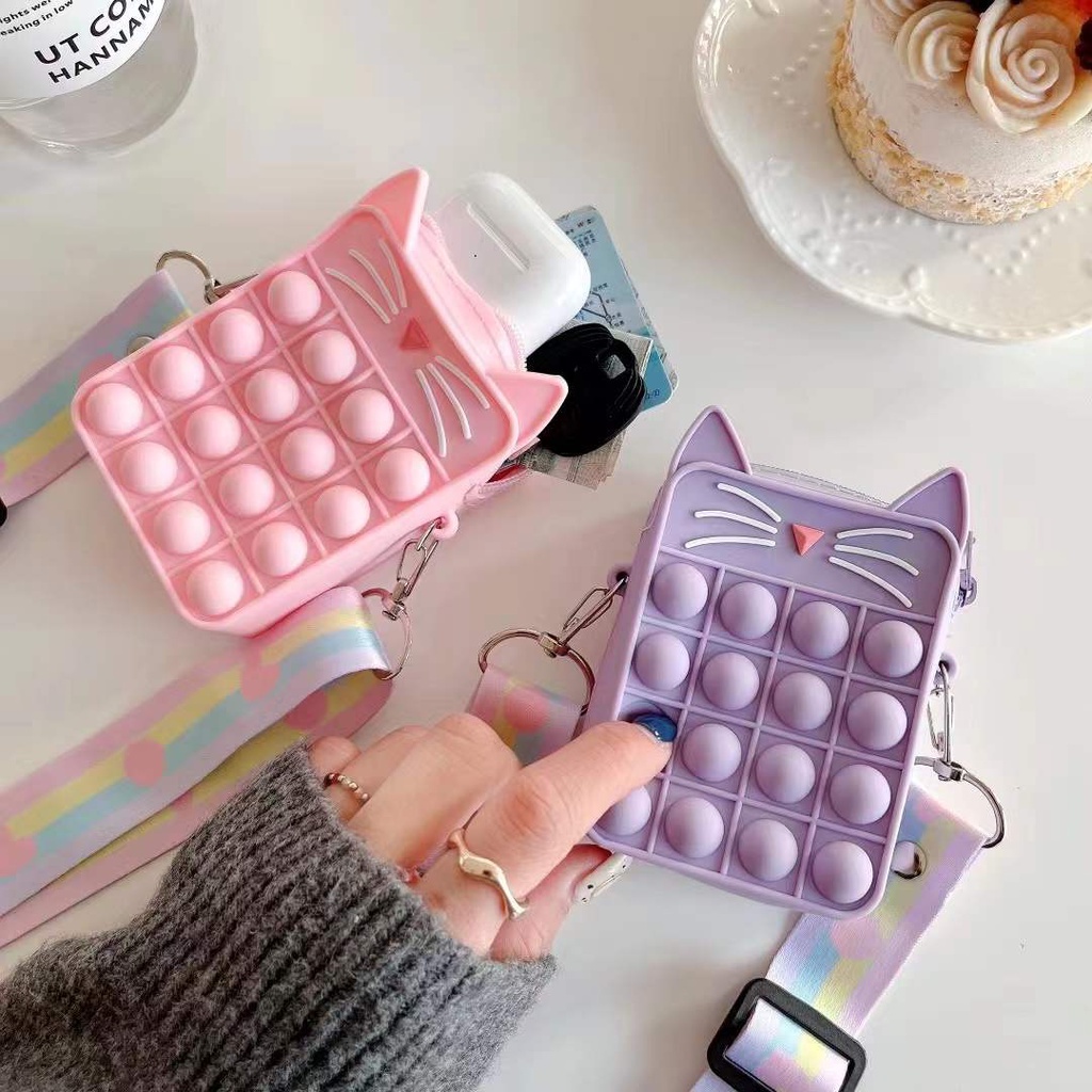 Ví Silicon Đựng Tiền Xu Hình Mặt Mèo Màu Cầu Vồng Dễ Thương Cho Bé Gái