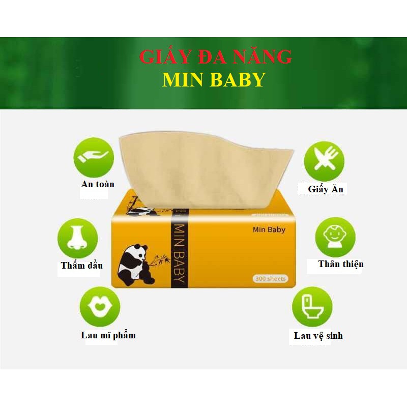 [Mã HC1504 giảm 8% đơn 250K] KHĂN GIẤY GẤU TRÚC ĐA NĂNG MIN BABY [giấy đủ 300 tờ/gói]