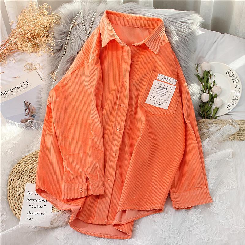 Áo Sơ Mi Nhung Kẻ Tay Dài Dáng Rộng Màu Xanh Dạ Quang Phong Cách Hàn Quốc Dành Cho Nữ