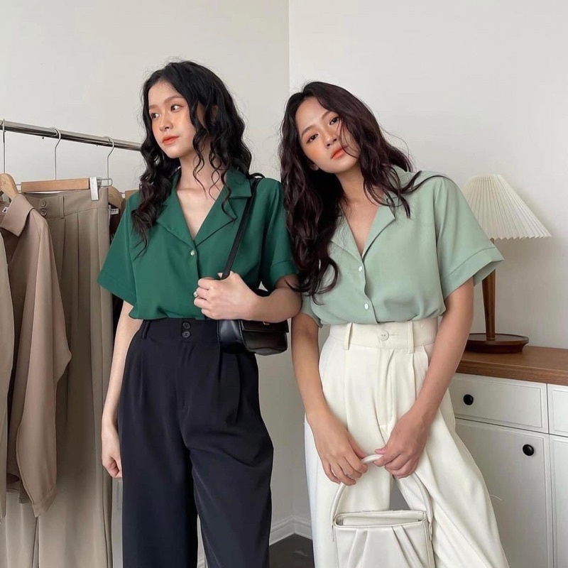Sơ mi lụa cổ vest tay ngắn (ảnh thật/ có sẵn)
