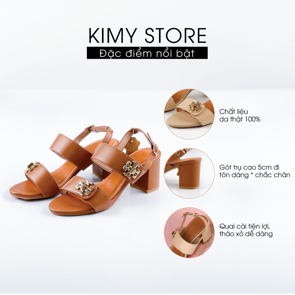 Giày sandal nữ quai ngang da thật, dép xăng đan gót cao 5cm phối quai cài cho nữ - Hàng VNXK