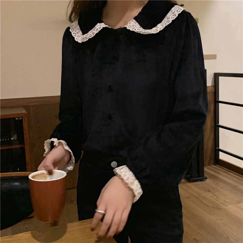 SUXI Áo sơ-mi tay dài phối ren vintage xinh xắn trẻ trung cho nữ