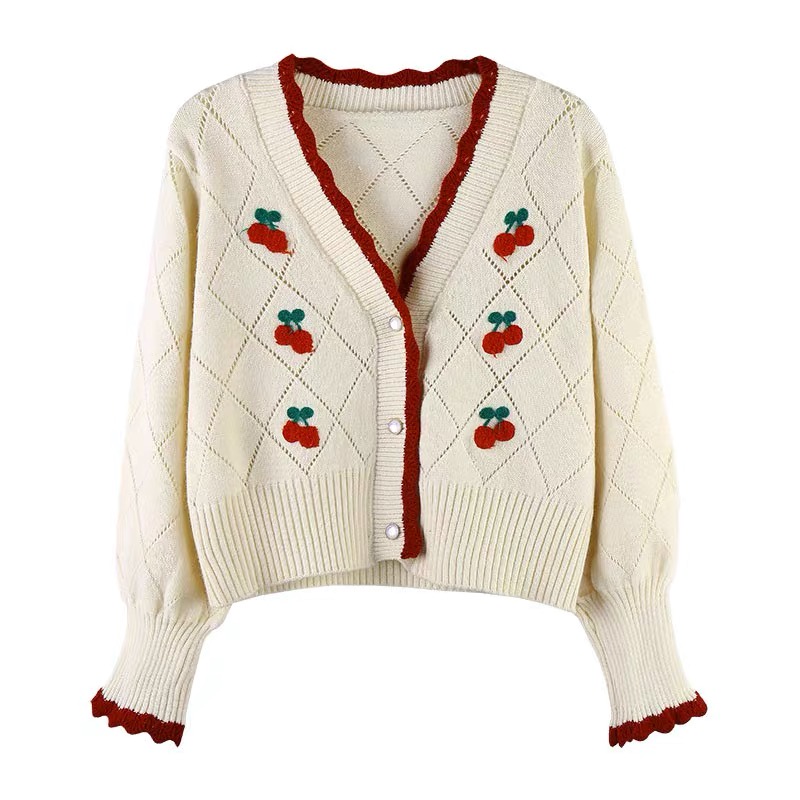 Áo khoác cardigan dệt kim phối ren thêu hình quả anh đào phong cách Hàn Quốc dễ thương