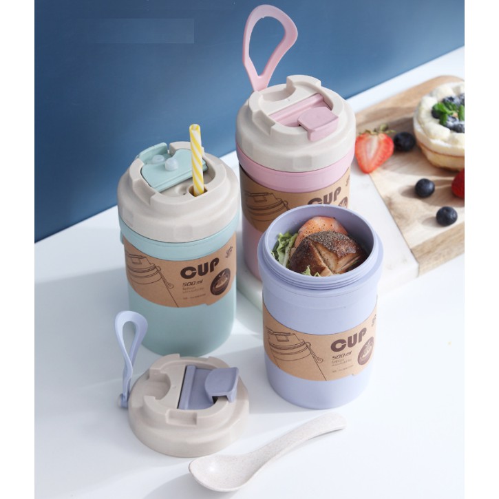Cốc Lúa Mạch Đựng Súp, Canh Giữ Nhiệt Và Chống Tràn Kèm Muỗng Tiện Ích 500ML