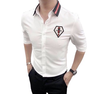 ÁOSơ Mi Nam trắng Chất Lụa Phối Hoạ Tiết Thêu logo con ong [hình thật]