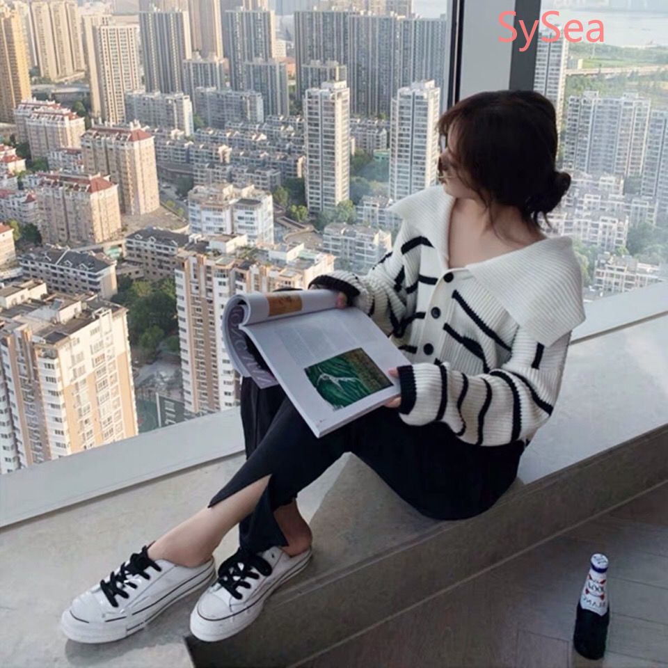 Áo Khoác Cardigan Dệt Kim Tay Dài Hoạ Tiết Kẻ Sọc Phong Cách Retro