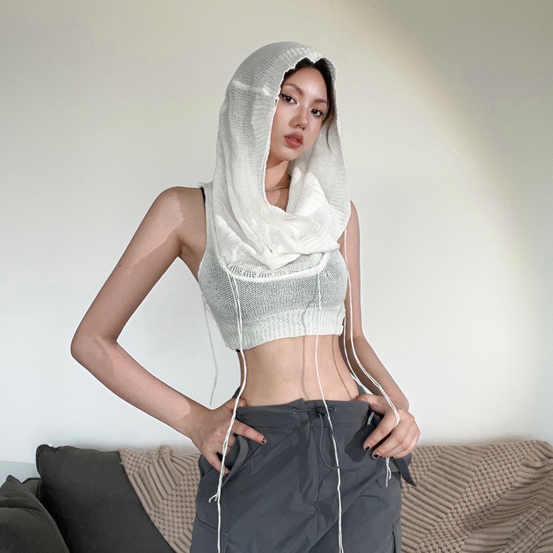 Áo Croptop Sát Nách Có Mũ Trùm Đầu Phong Cách Thời Trang Đường Phố Châu Âu Cho Nữ