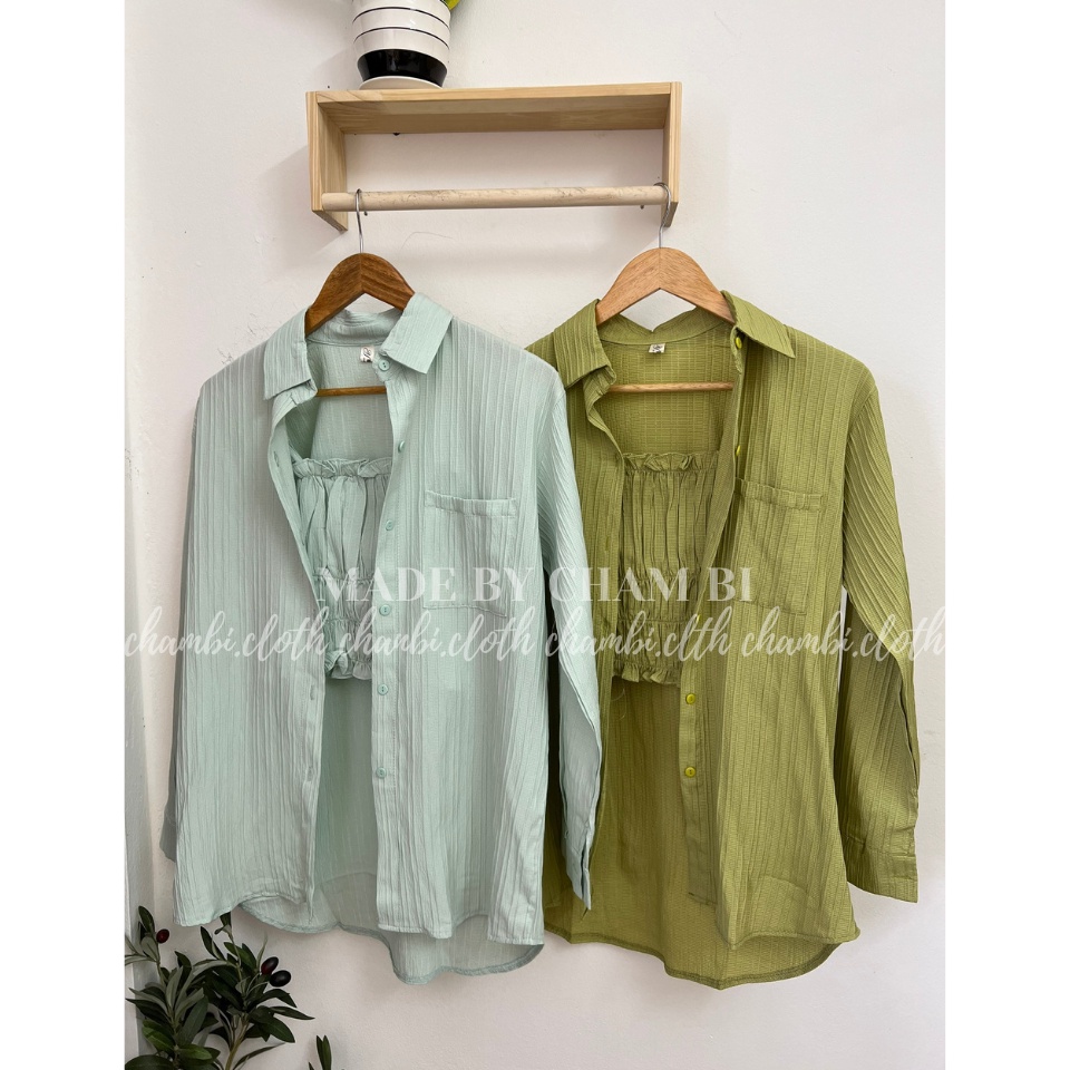 Áo kiểu nữ cách điệu A.332, Set áo sơ mi gân mỏng khoác ngoài cùng áo hai dây bo chun nhún tầng cực xinh - Shop Chấm Bi