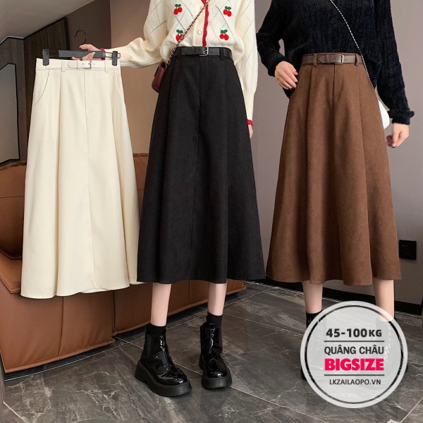 chân váy nữ dài Bigsize len mỏng lưng cao có thắt lưng dáng chữ A phong cách vintage thời trang mùa thu cho nữ 45-100kg | BigBuy360 - bigbuy360.vn
