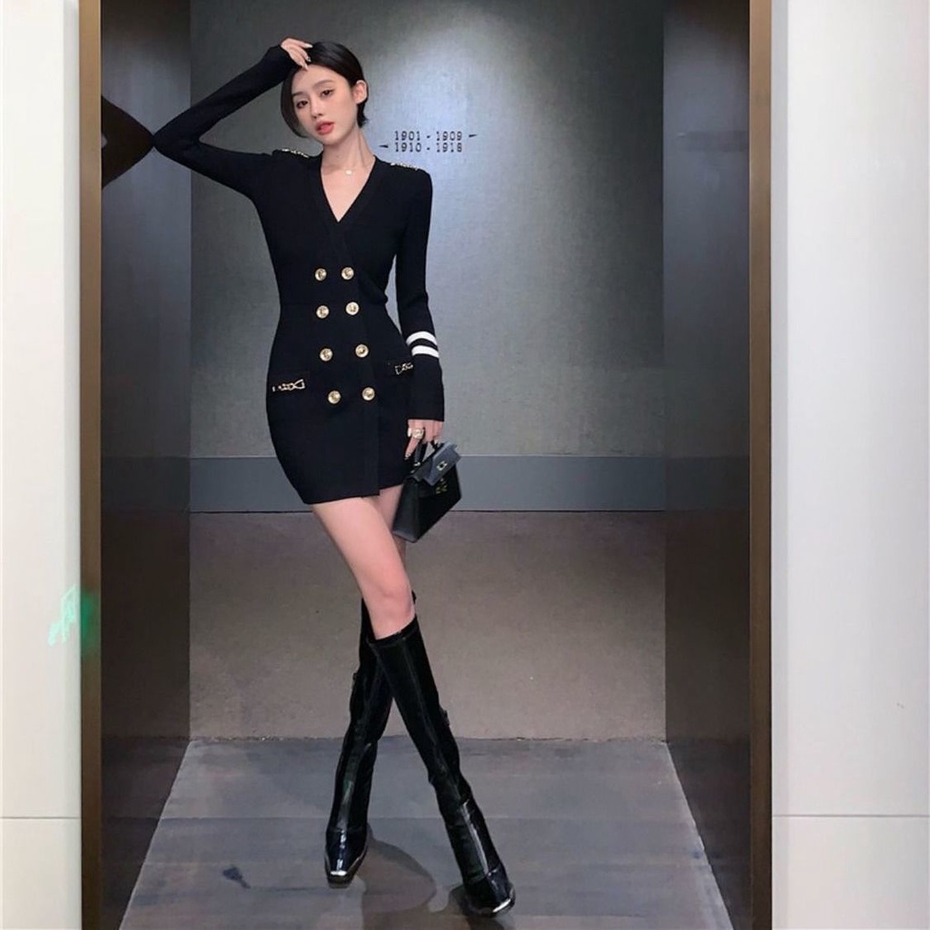 Áo đầm nhấn eo cổ chữ V tay dài thời trang mùa thu 2021