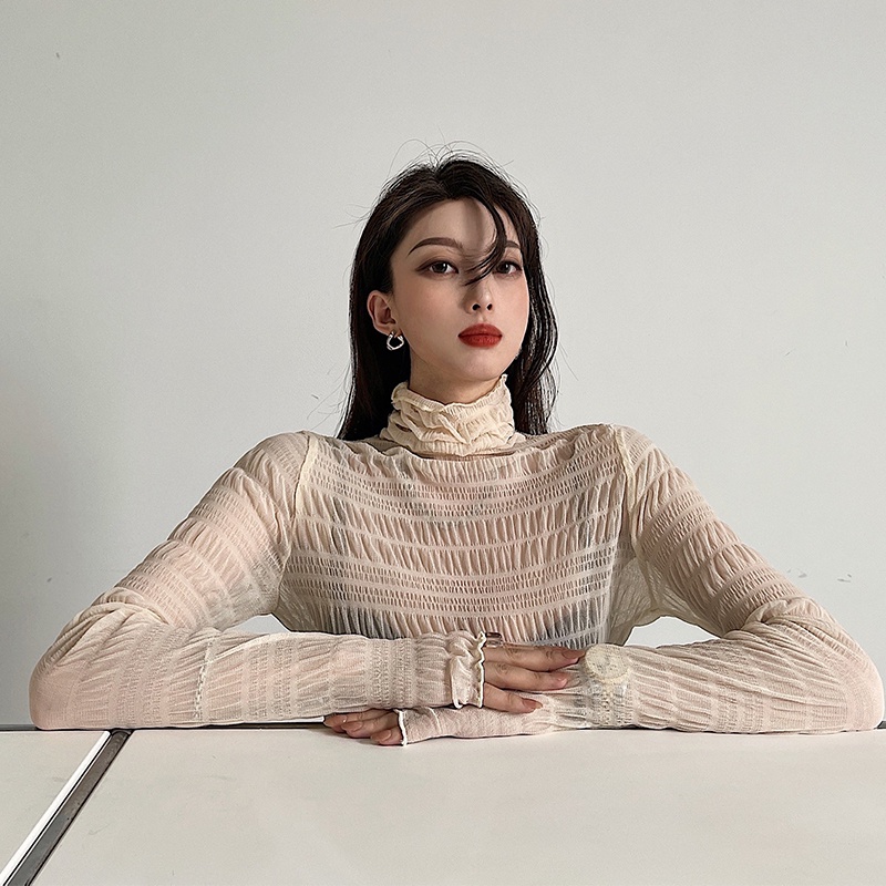 QKOOLE  Áo Lưới Mỏng Tay Dài Dáng Ôm Quyến Rũ Thời Trang Cho Nữ Kiểu Hàn Quốc