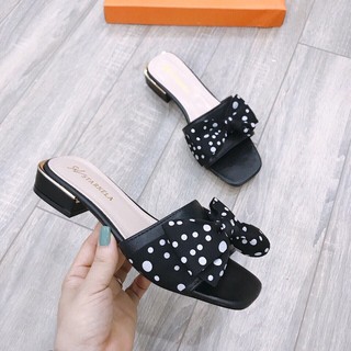 Dép lê nữ quai ngang da đính nơ chấm bi