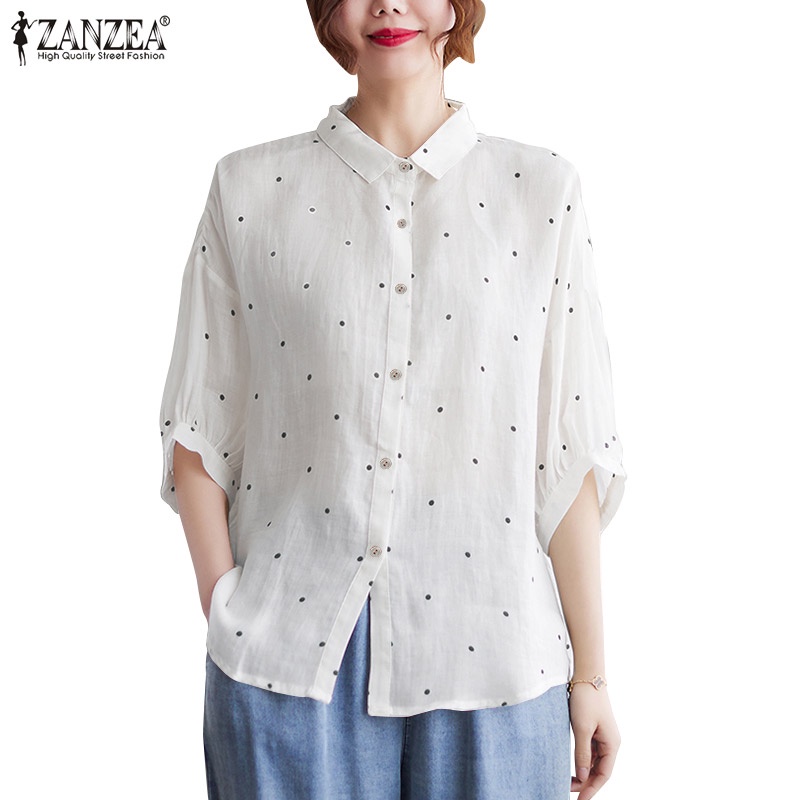 Áo sơ mi Zanzea tay ngắn cổ bẻ họa tiết chấm bi phong cách vintage dành cho nữ