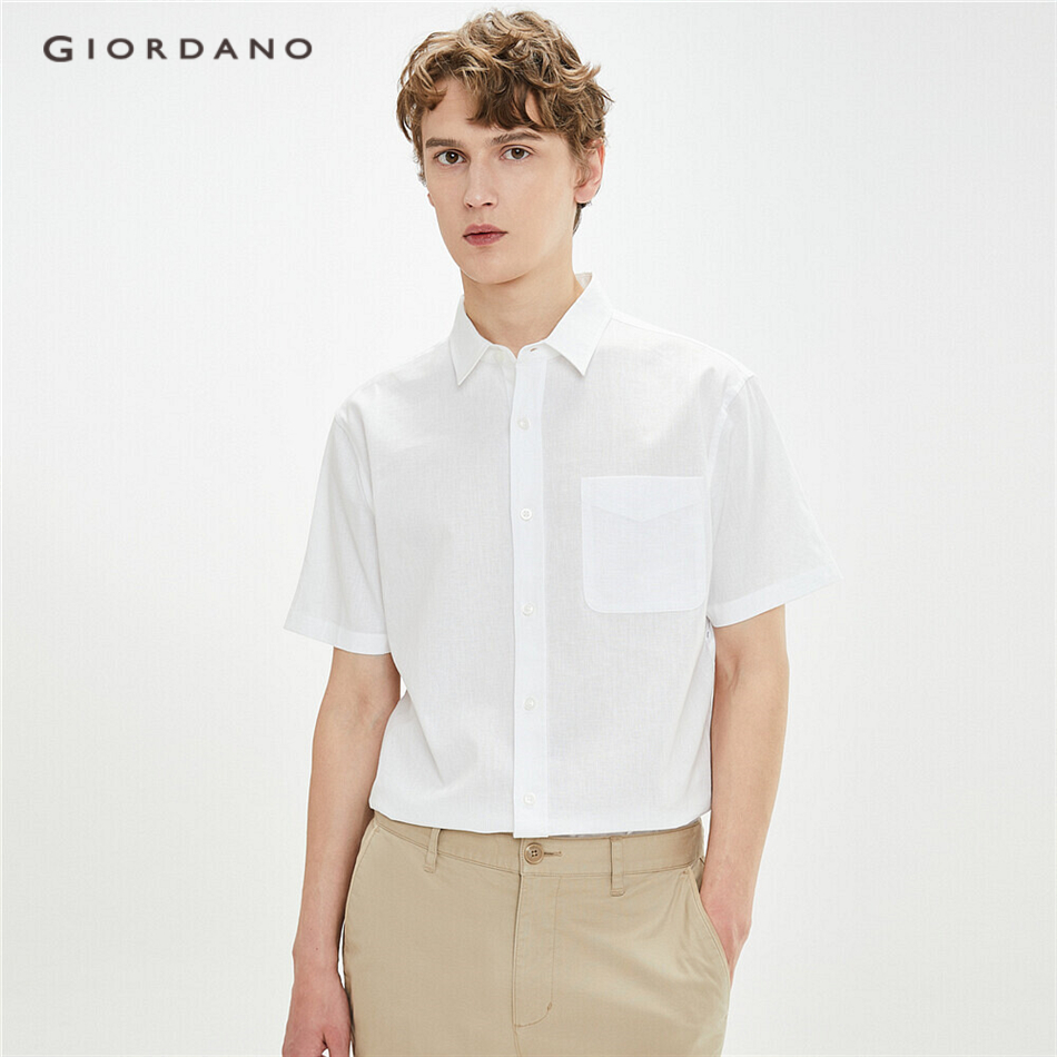 Áo sơ mi GIORDANO 01041480 tay ngắn vải cotton lanh cho nam