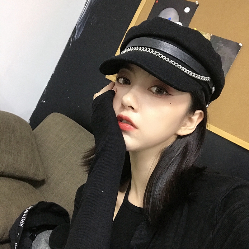 Mũ Beret Vải Len Phối Dây Xích Phong Cách Hàn Quốc Thời Trang Thu Đông Cho Nữ