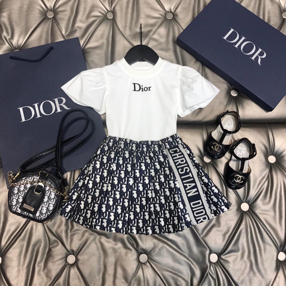 Dior Set Áo Thun Cotton Ngắn Tay Và Chân Váy Thời Trang Mùa Hè Hàn Quốc Mới 2022 Dành Cho Bé Gái
